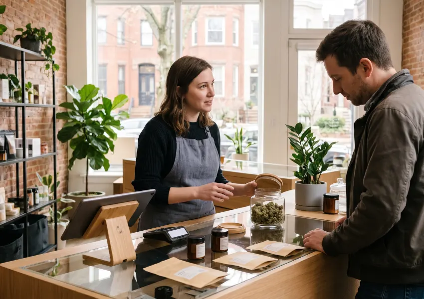 Knowledgeable budtender assisting a customer at RareBuds Community dispensary showroom in Northwest Washington DC