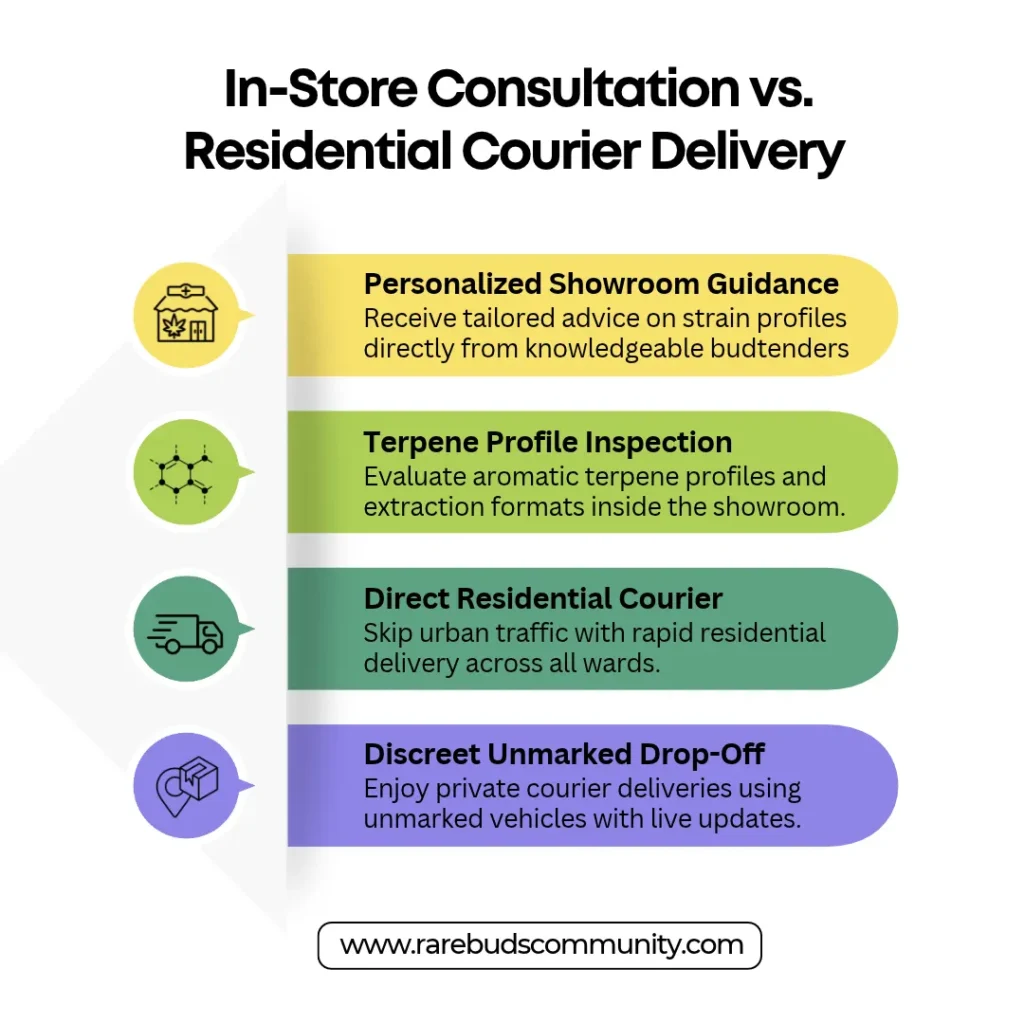 Comparison infographic of in-store consultation versus residential cannabis courier delivery in Washington DC